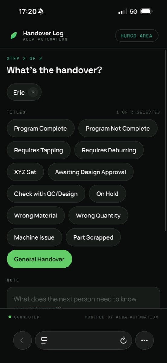 The handover application on a phone, showing a list of handover reasons with General Handover selected, and a note field below.